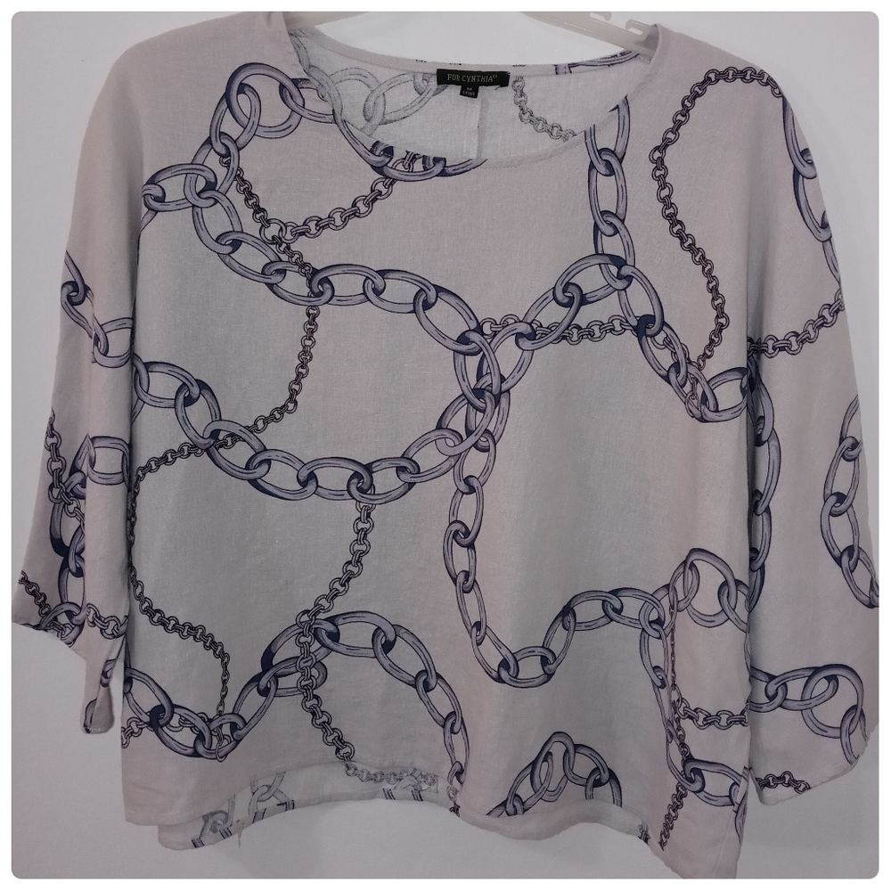 Linen Blend Oversized Blue/Gray Chain Line Autumn Boxy Women Top size Medium●